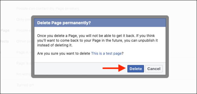 Click the Delete Button to Delete Your Facebook Page