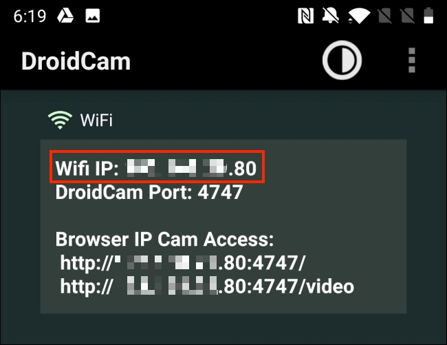 Copy the Wi-Fi IP from DroidCam Android app
