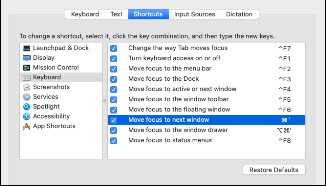 Defining keyboard shortcuts for switching between open apps and windows on mac