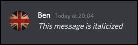 An italicized message in Discord