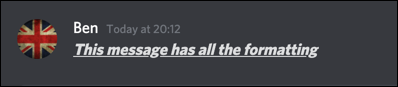 A Discord message with bold, italics, and underlined text