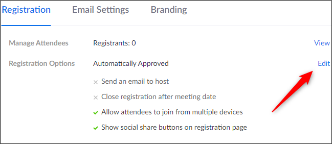 Edit button in registration options