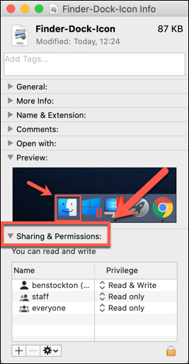 The &quot;Sharing &amp; Permissions&quot; section of the Get Info window for a file on macOS