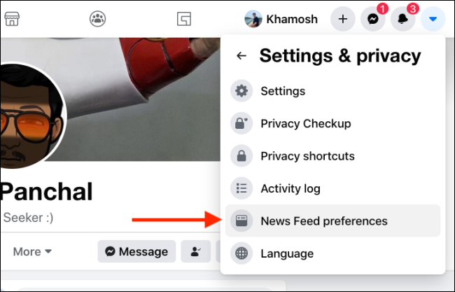 Select News Feed Preferences from Facebook website