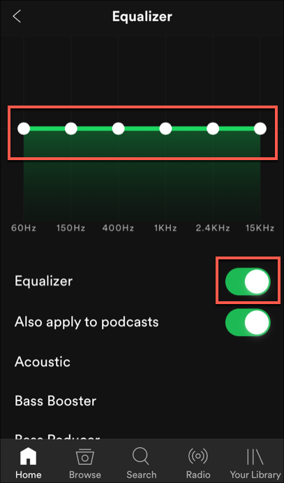 The equalizer settings for Spotify on iOS