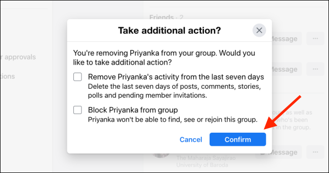 Tap Confirm to remove member from Facebook Group