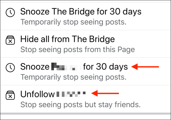 Tap to Snooze or Unfollow Facebook user