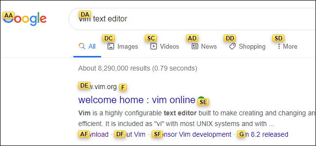 A Google results page with each link overlaid with a yellow label each containing two letters.