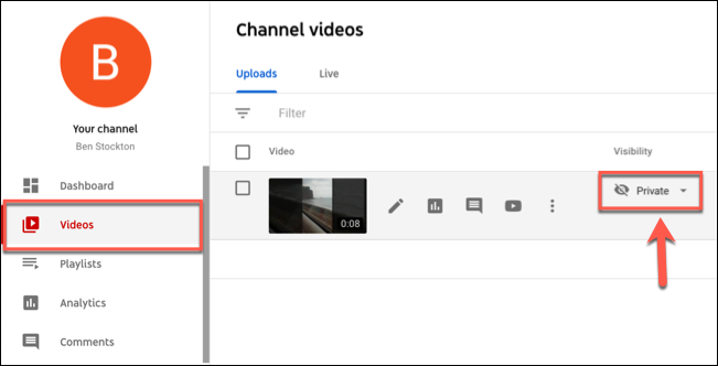 Select the drop-down menu next to a video to change the visibility to public, private, or unlisted