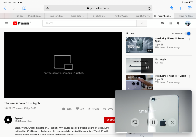 YouTube video playing in Picture-in-Picture mode
