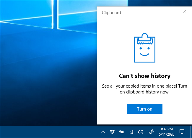 Can't show Clipboard history message in Windows 10