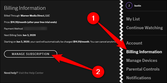 Choose the "Billing Information" tab and then click the "Manage Subscription" button