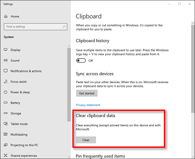 Clearing clipboard data in Windows 10 Settings