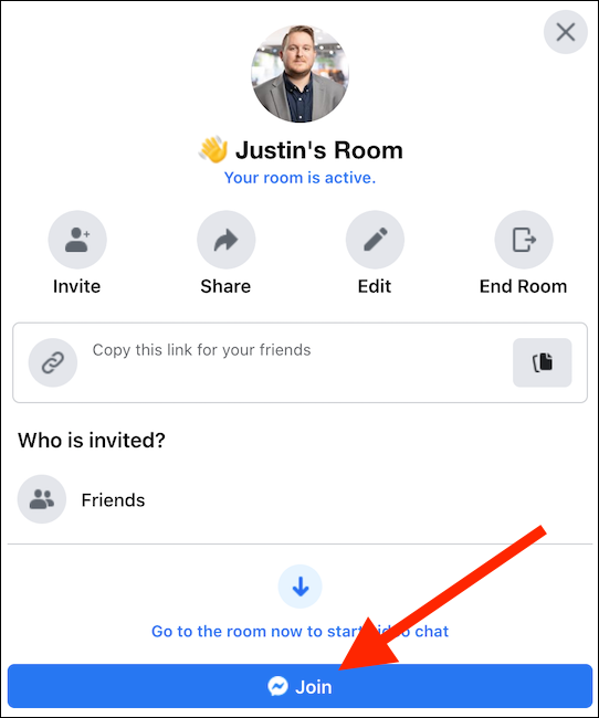 Click the "Join" button to jump in to your Facebook Messenger room