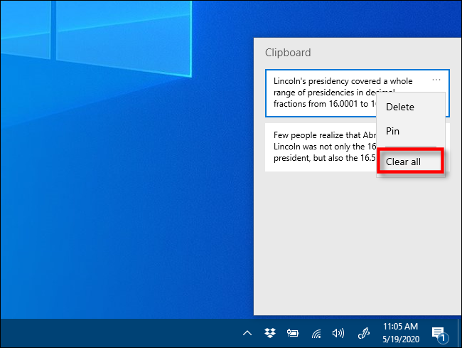 Click clear all in Clipboard history on Windows 10