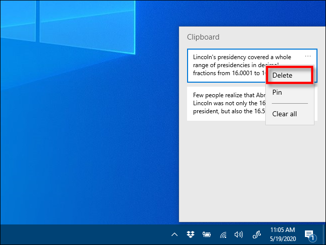 Click Delete in Clipboard history on Windows 10