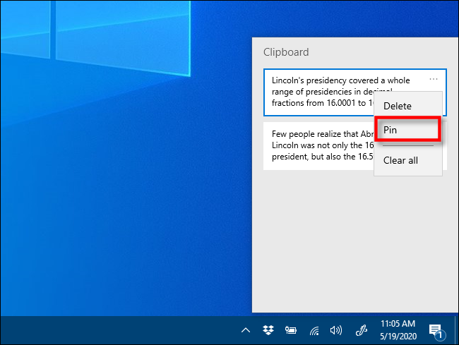 Click Pin in Clipboard history on Windows 10