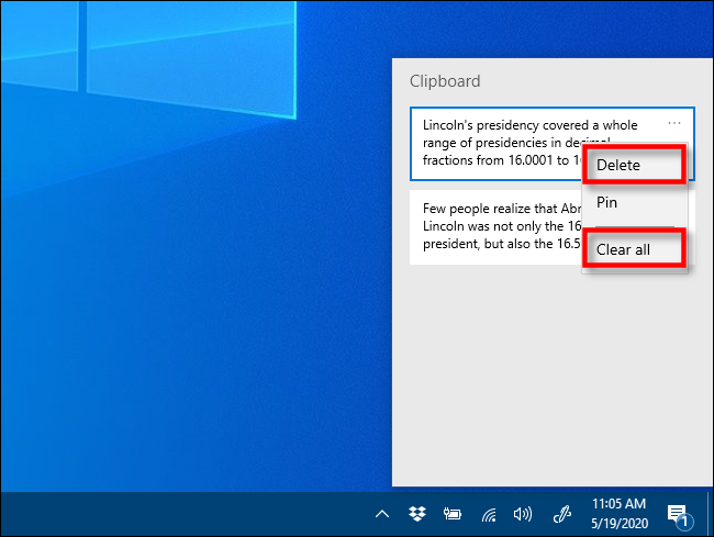 Click Delete or Clear all in Clipboard history to remove items on Windows 10