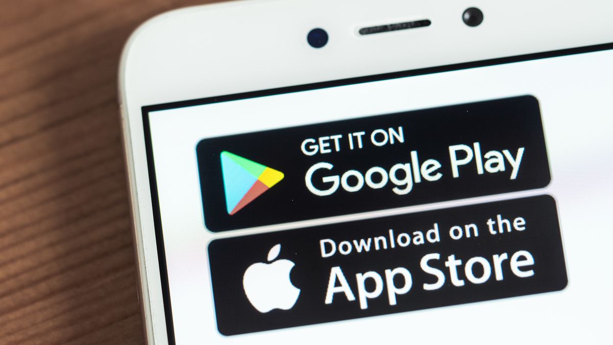 Google Play Store and Apple App Store logos on a smartphone