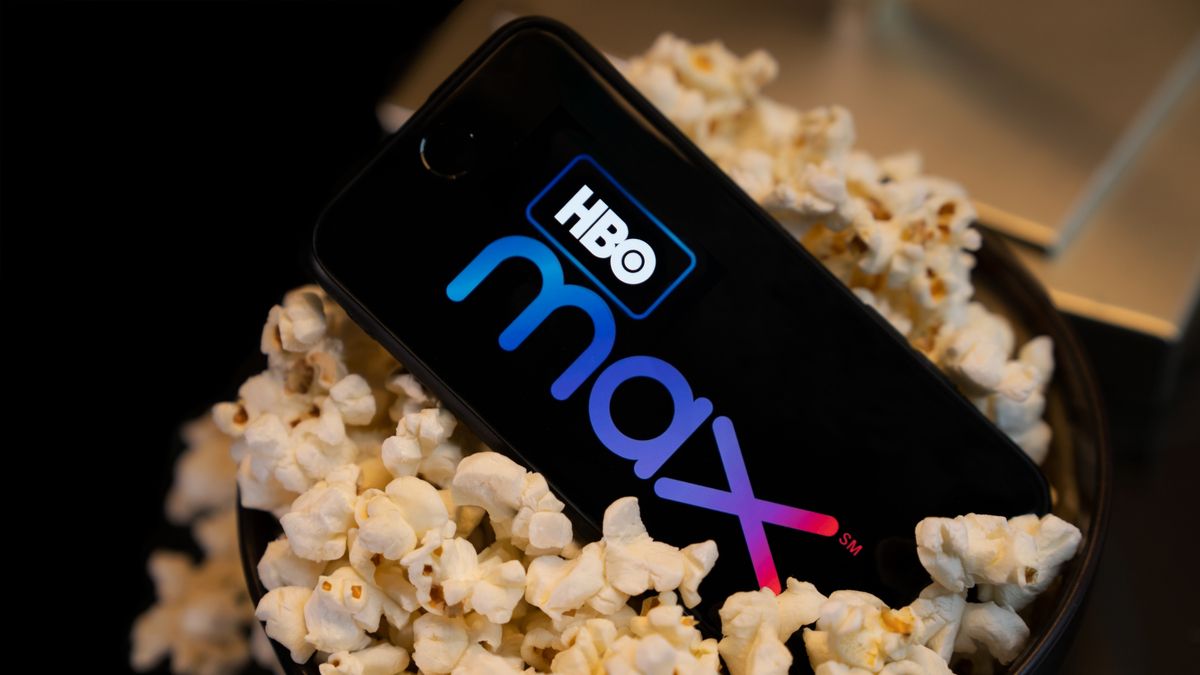 HBO Max logo on a smartphone sitting in popcorn