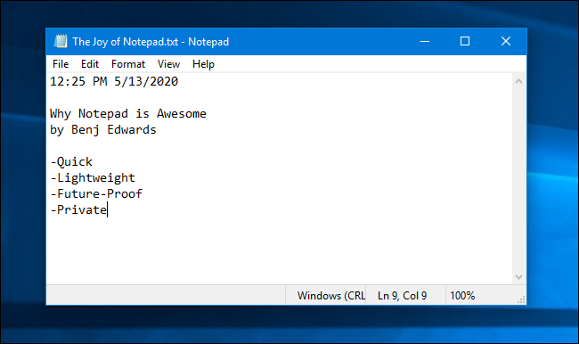 Windows 10 Notepad Example