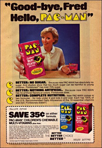 An ad for Pac-Man Children's Chewable Multi-Vitamin Plus Iron.