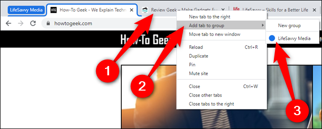 Right-click on a new tab, hover over "Add Tab To Group," and then select a group