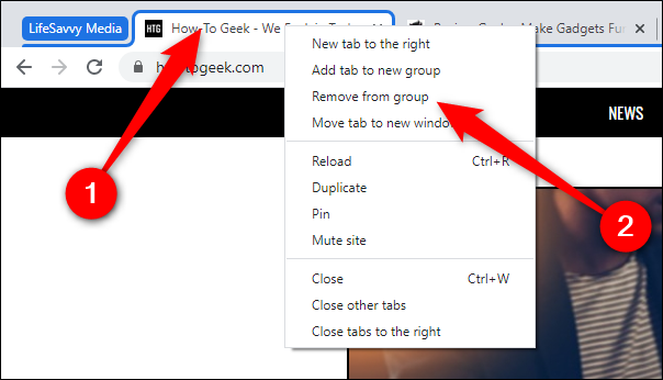 Right-click on a tab and then select "Remove From Group"
