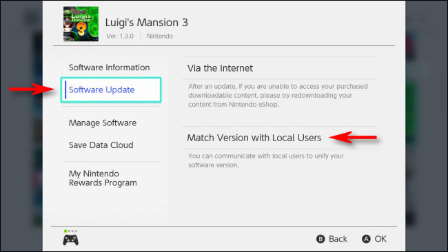 Select Match Version with Local Users on Options Menu for Nintendo Switch