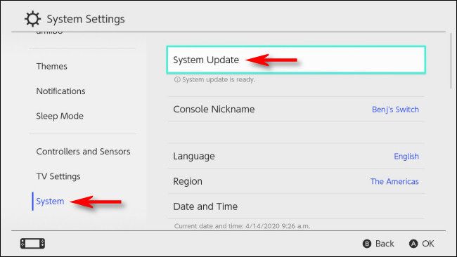 Select System Update in System Settings on Nintendo Switch