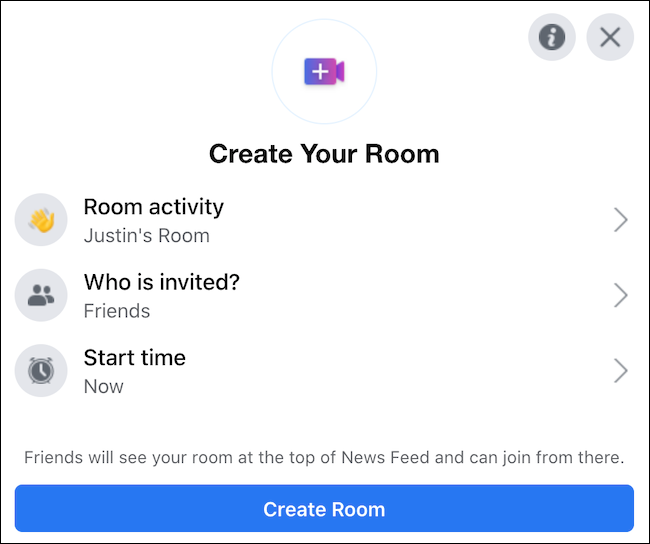 Set up your Facebook Messenger room using the "Create Your Room" window