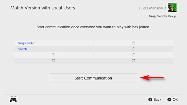 Select Start Communication on Nintendo Switch
