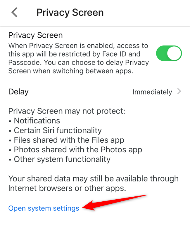 Tap the "Open System Settings" link to adjust Face ID or Touch ID settings