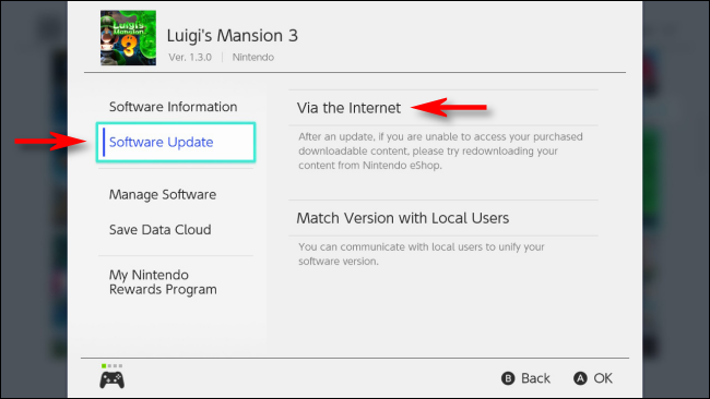Select Update Via the Internet on Nintendo Switch