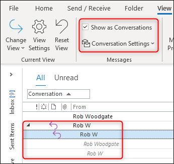 Outlook's &quot;Conversation View&quot; working correctly.
