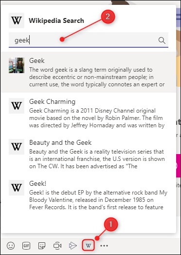 The Wikipedia app search function showing a variety of articles.