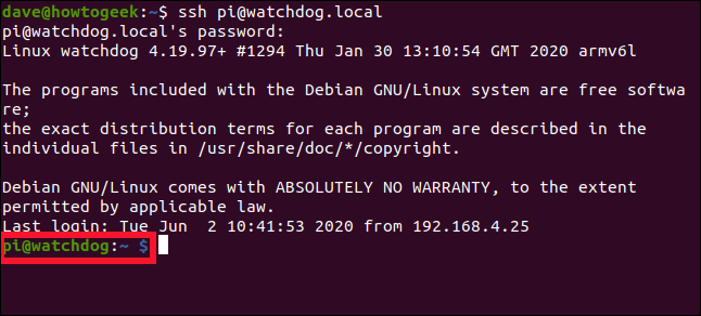 SSH connection to a Raspberry Pi in a terminal window