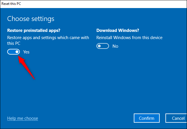The &quot;Restore preinstalled apps?&quot; option for performing a Fresh Start on Windows 10.