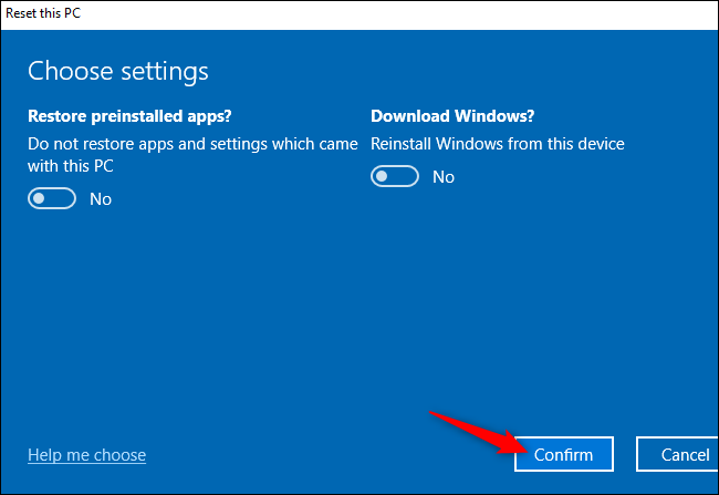The &quot;Confirm&quot; button for resetting a Windows 10 PC.