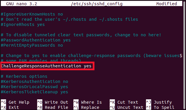 sshd_config file opened in the nano editor, with the ChallengeResponseAuthentication line highlighted, in a terminal window
