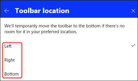 The toolbar location options.
