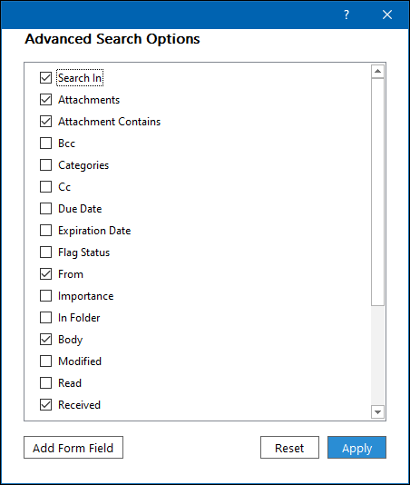 The &quot;Advanced Search Options&quot; panel.