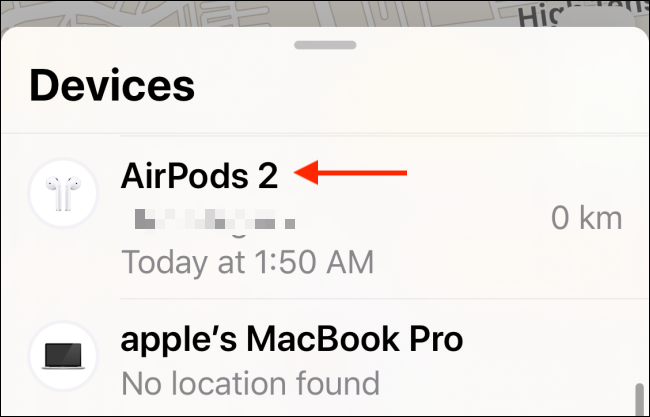 Choose AirPods from Find My app
