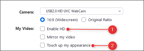 Enable HD and touch up my appearance options in Zoom
