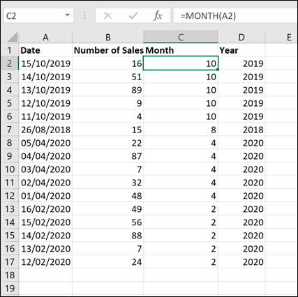 An example Excel data set, sorted by month using a MONTH formula and the sort function