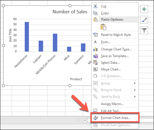 You can make further formatting changes to an Excel bar chart by right-clicking the chart and clicking the "Format Chart Area" option