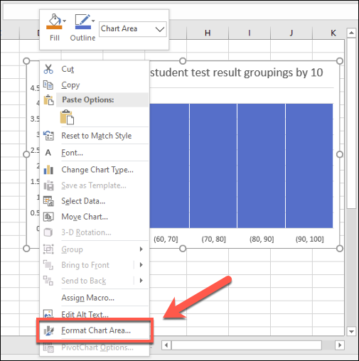 To make cosmetic changes to an Excel histogram, right-click and press the Format Chart Area button