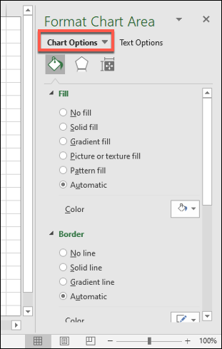 The "Chart Options" section of the "Format Chart Area" menu, allowing you to make further formatting changes to an Excel chart