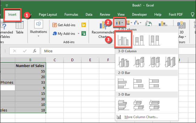 Press Insert > Insert Column or Bar Chart > Clustered Chart to insert a standard bar chart into Excel