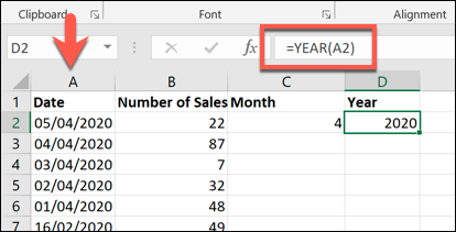 The MONTH and YEAR functions, shown in a Microsoft Excel worksheet